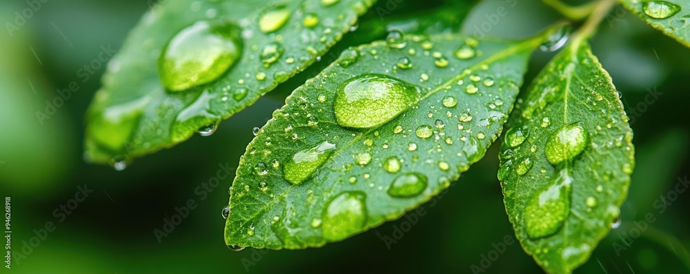 Tiny raindrops clinging to the delicate edges of fresh green leaves, magnifying their vibrant colors, rain and leaves, raindrop magnification