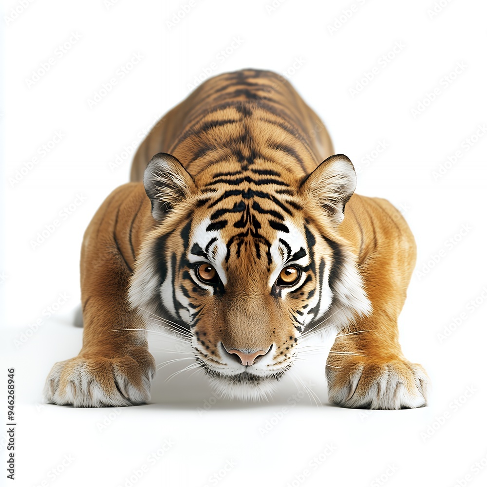 Obraz premium A realistic depiction of a tiger in a crouching position against a white background.