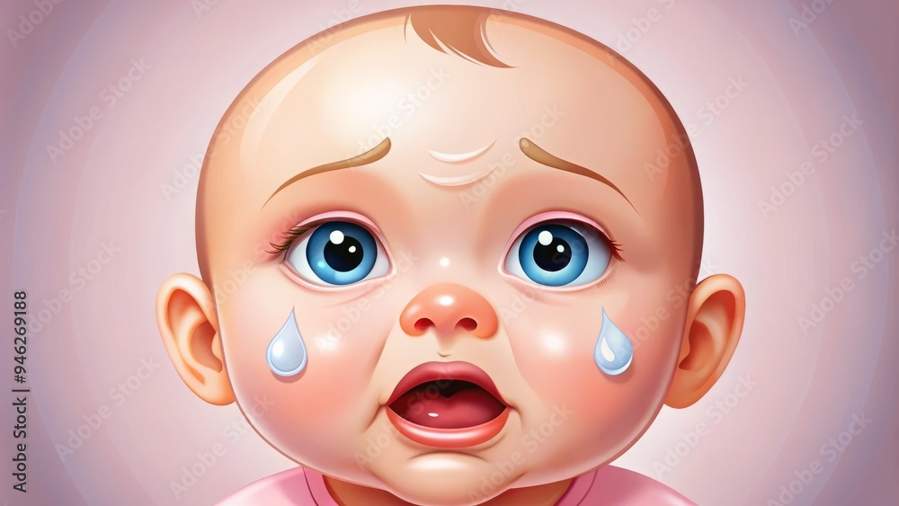 Adorable cartoon infant face with rosy cheeks and tears streaming down, conveying a playful yet poignant expression of childhood emotional distress. Adorable cartoon infant face with rosy cheeks and tears streaming down, conveying a playful yet poignant expression of childhood emotional distress.