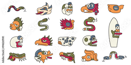A set of tribal symbols. American style. Aztec animals style Mexican designs
