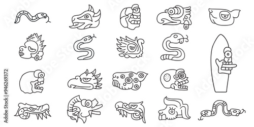 A set of tribal symbols. American style. Aztec animals style Mexican designs
