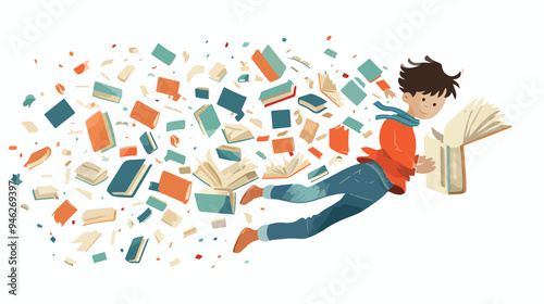 Enchanting World of Books with Flying Boy in Mixed Media