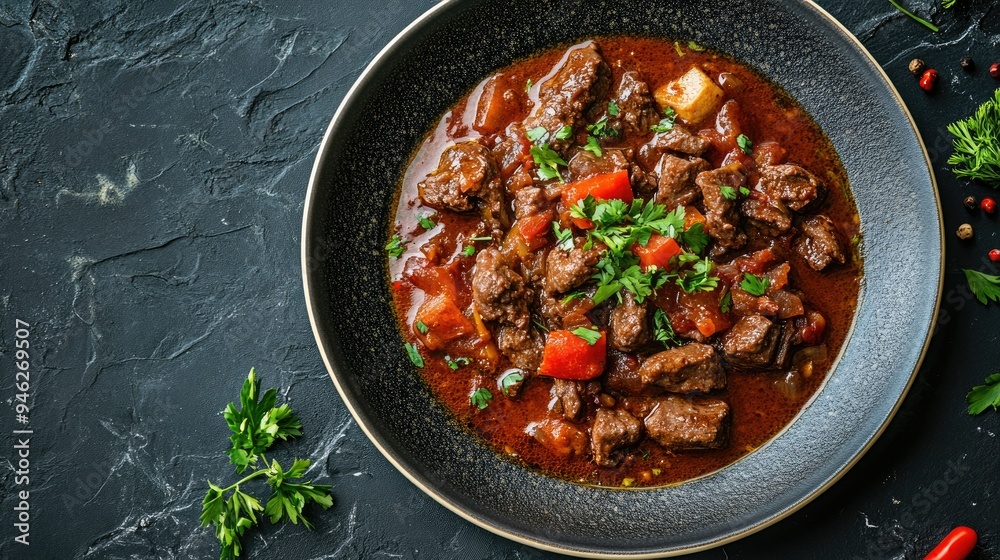 Flat lay of a plate of carne guisada, rich and savory, space for text Flat lay of a plate of carne guisada, rich and savory, space for text