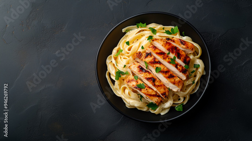 creamy bowl chicken alfredo pasta with fettuccine noodles, grilled chicken strips and parsley
