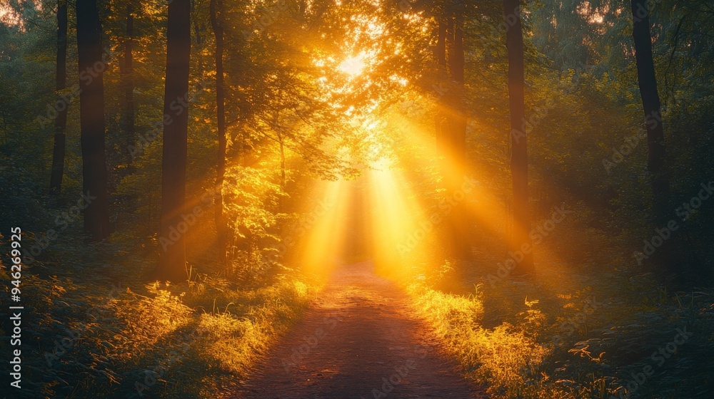 Fototapeta premium A serene forest scene with golden sunlight streaming through the trees, creating a tranquil atmosphere of nature's beauty.