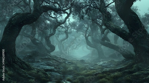 1. A dark, eerie forest with twisted trees and fog rolling in