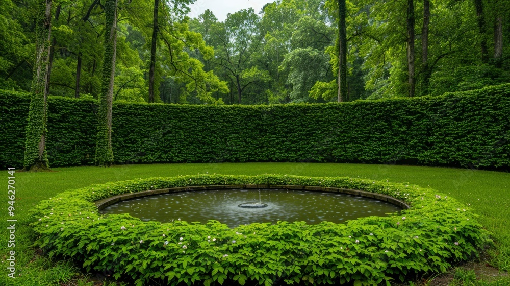 Tranquil Pond Surrounded by Lush Greenery in a Formal Garden Tranquil Pond Surrounded by Lush Greenery in a Formal Garden