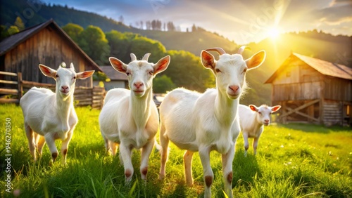 Adorable Saanen goats graze peacefully in a lush green meadow, their creamy white coats glistening in the warm sunlight, surrounded by rustic farm fences.