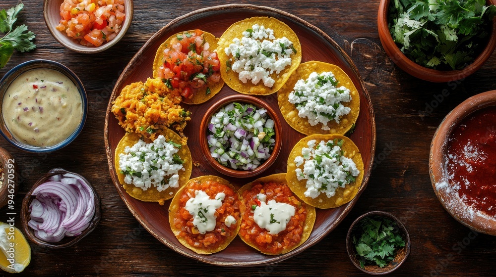 Flat lay of a plate of sopes with various toppings, space for text