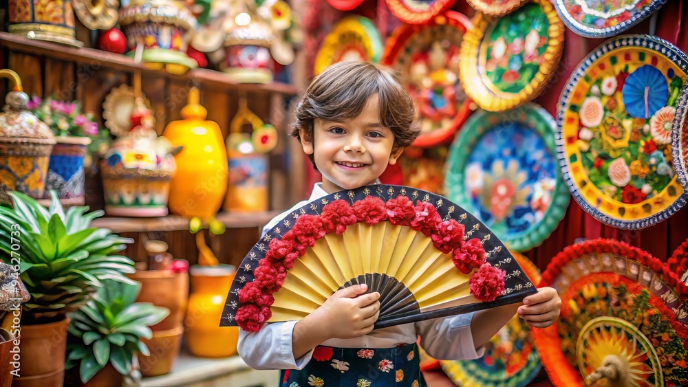 Obraz premium Adorable young boy with dark hair and bright smile holding a traditional Castilian-style fan, surrounded by vibrant Spanish-inspired decor and festive colors.