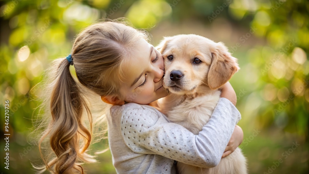 Adorable young girl gently cradles a playful puppy, wrapping her arms around its soft fur, sharing a tender and loving moment of friendship and companionship. Adorable young girl gently cradles a playful puppy, wrapping her arms around its soft fur, sharing a tender and loving moment of friendship and companionship.