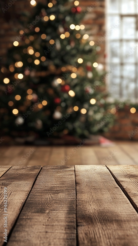 Rustic wooden table in foreground with blurred Christmas tree adorned with twinkling lights in background, creating a warm and festive holiday atmosphere. Rustic wooden table in foreground with blurred Christmas tree adorned with twinkling lights in background, creating a warm and festive holiday atmosphere.