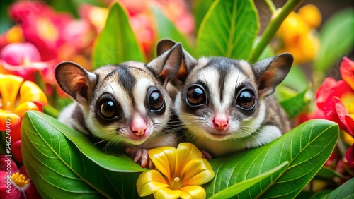 Adorable sugar gliders, native to Australia, snuggle together, showcasing their large eyes, soft fur, and endearing faces, amidst lush greenery and vibrant tropical flowers. photo