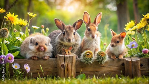 Adorable tiny creatures gather around a rustic wooden fence, featuring a rabbit, hedgehog, and squirrel, amidst lush greenery and vibrant wildflowers in a serene meadow setting.