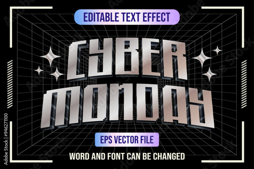 Cyber monday sale y2k style vector text effect. Metallic retro cyber monday text style