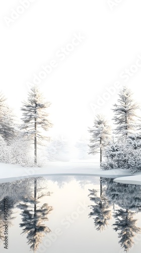 Tranquil Frozen Lake with Mirrored Pine Tree Reflections in Muted Pastel Tones