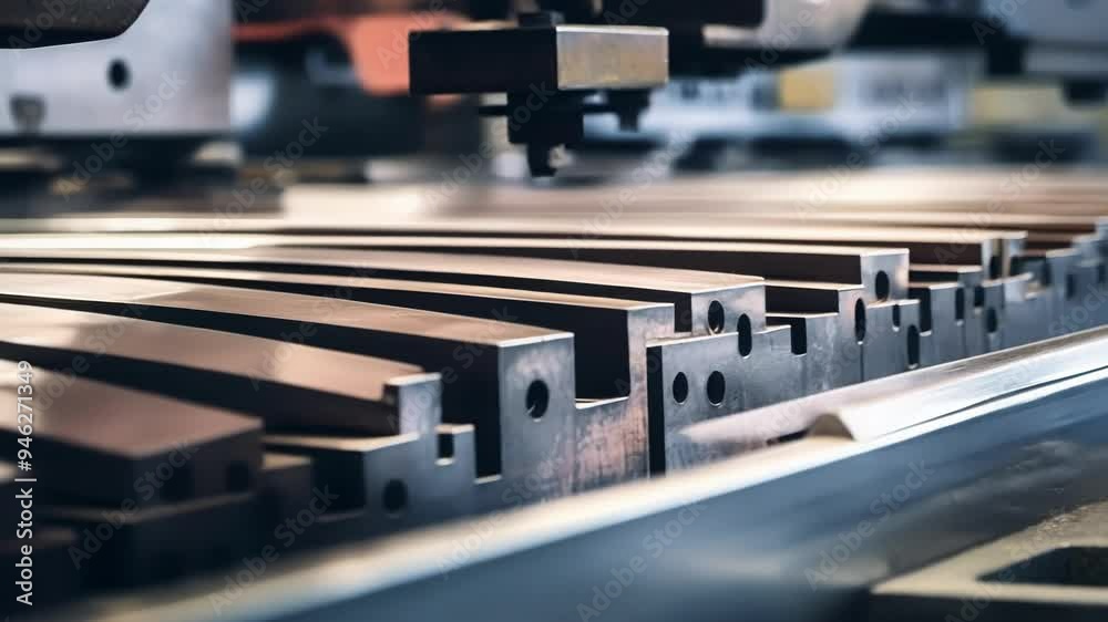 Row of identical metal parts are coming out of an industrial machine, ready for the next step of the manufacturing process Row of identical metal parts are coming out of an industrial machine, ready for the next step of the manufacturing process