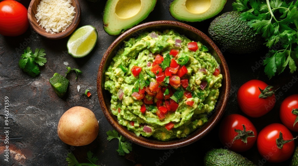 Freshly made guacamole in a bowl, surrounded by ingredients, open area for copy