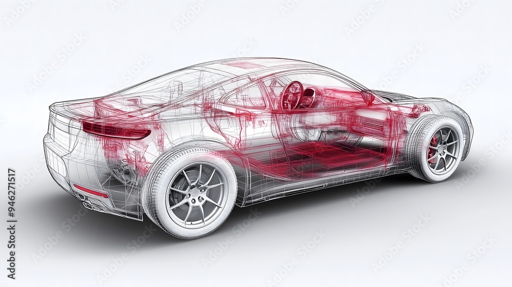 Fototapeta premium A futuristic car design showcasing intricate internal structures and details through a transparent view.