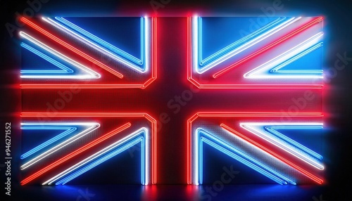 Neon sign of the British flag, red, white and blue, against a black background.