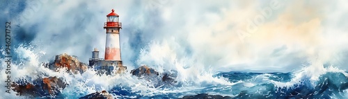 Bright Watercolor Scene of a Seaside Lighthouse Amidst Waves