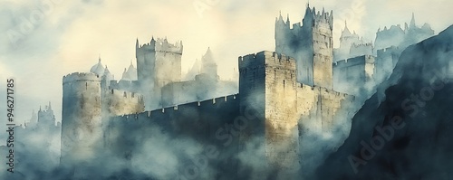 Atmospheric Watercolor of a Medieval Fortress in Misty Landscape
