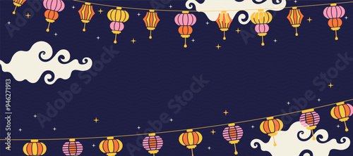 Chinese festival banner with copy space, with paper lantern, clouds, stars, flat style illustration, colorful background, horisontal template, asian culture