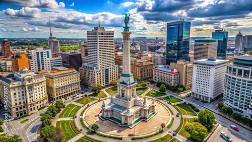 Aerial view of the iconic Soldiers' and Sailors' Monument, a neoclassical memorial with a prominent obelisk, situated in the heart of downtown Indianapolis. photo