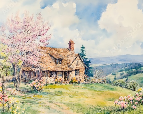 Charming Watercolor of a Rustic Farmhouse with Blooming Garden photo