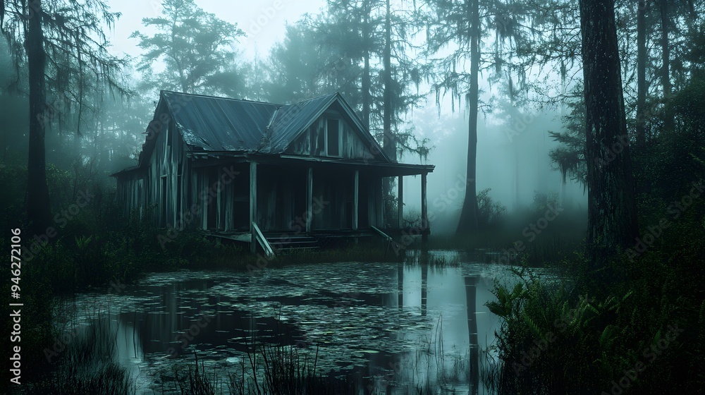 8. A decrepit cabin in the middle of a foggy swamp 8. A decrepit cabin in the middle of a foggy swamp