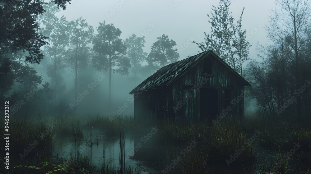 8. A decrepit cabin in the middle of a foggy swamp 8. A decrepit cabin in the middle of a foggy swamp