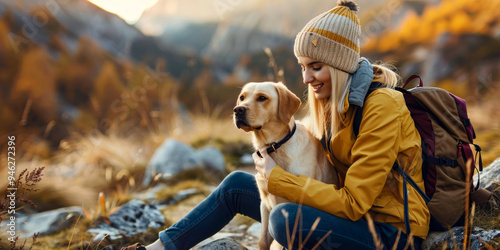 A young woman enjoys the outdoors with her dog during a sunny autumn afternoon in the mountains surrounded by colorful foliage photo