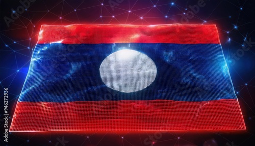 The flag of Laos is depicted in a digital, abstract style. The colors are vibrant and the design is modern.