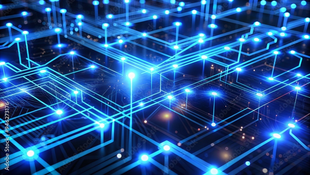 A futuristic 3D illustration of glowing blue circuits and wires forming a network, symbolizing the connection and integration of digital data and information. A futuristic 3D illustration of glowing blue circuits and wires forming a network, symbolizing the connection and integration of digital data and information.