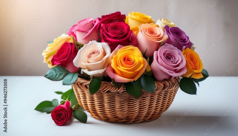 A bouquet of multicolored roses in a wicker basket. A bouquet of multicolored roses in a wicker basket.