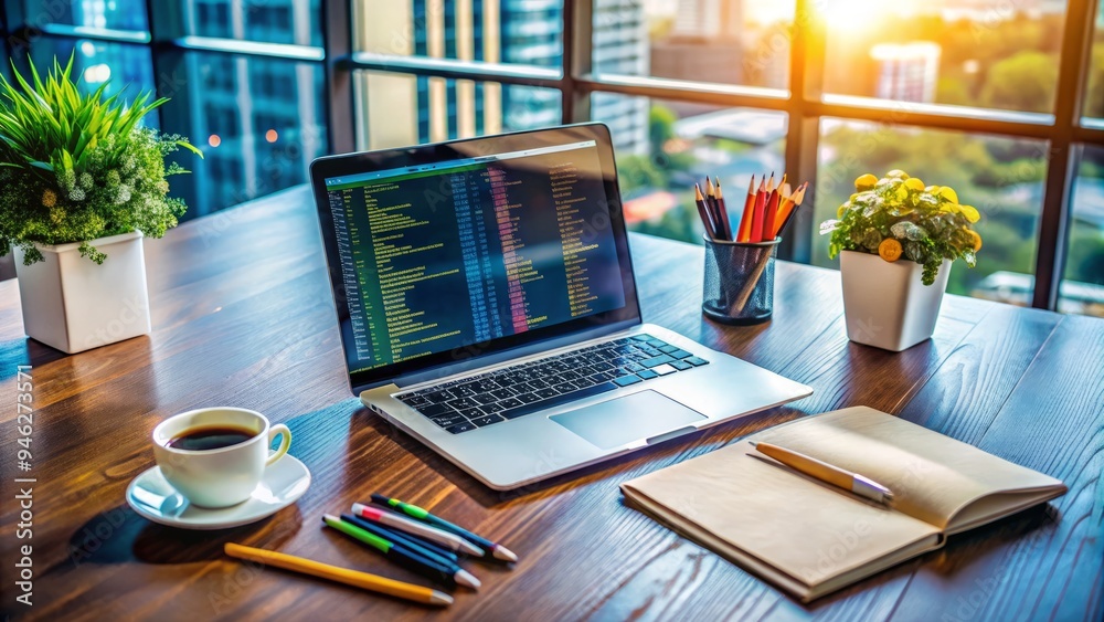 Fototapeta premium A futuristic desk with a laptop and coding papers surrounded by inspirational notes, coffee cups, and colorful pens, capturing the essence of building a new website.