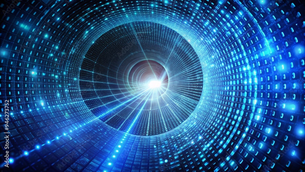 A futuristic glowing blue abstract data stream flows through a binary code tunnel, representing digital information transfer, technology, and cyber communication. A futuristic glowing blue abstract data stream flows through a binary code tunnel, representing digital information transfer, technology, and cyber communication.