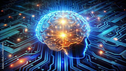 A futuristic illustration of a human brain surrounded by glowing computer circuits and wires, representing the intersection of human intelligence and artificial intelligence hacking. photo