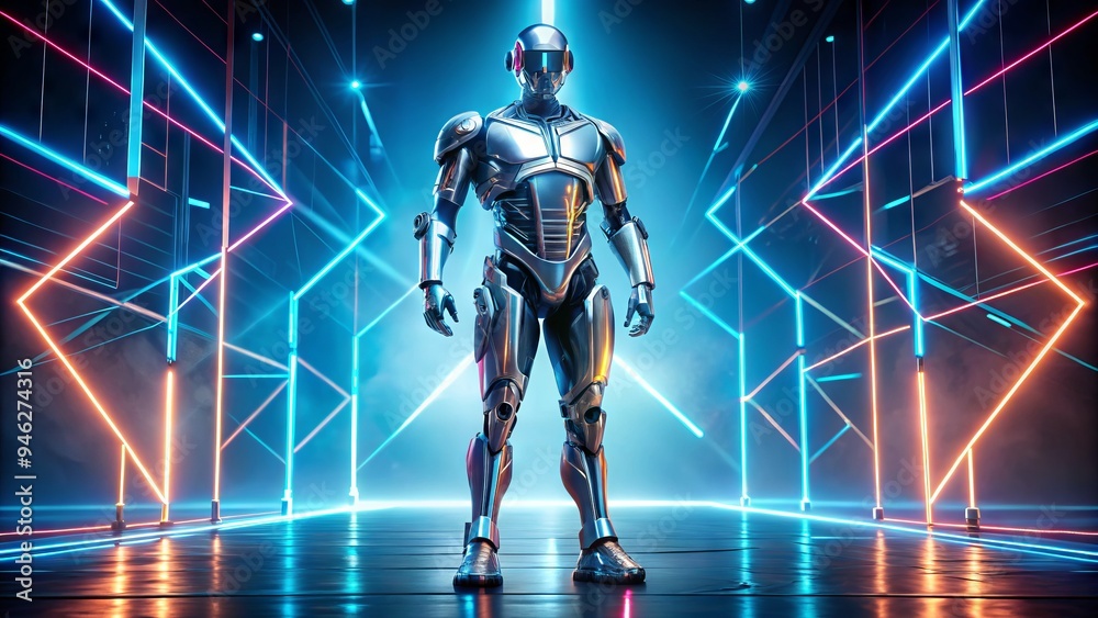 A futuristic robotic duplicate of a popular digital symbol stands upright, gleaming with metallic shine, amidst a sleek, high-tech background with subtle neon accents. A futuristic robotic duplicate of a popular digital symbol stands upright, gleaming with metallic shine, amidst a sleek, high-tech background with subtle neon accents.
