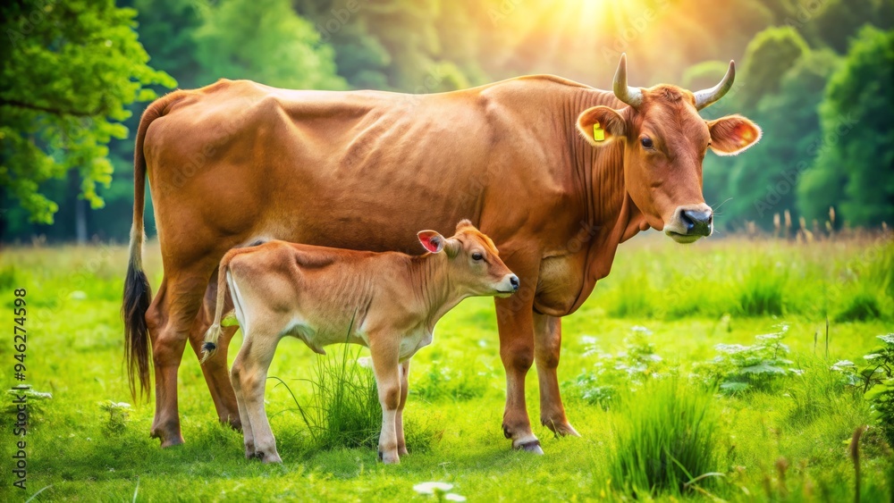 A gentle brown cow nurtures her playful calf, offering fresh milk and tender nuzzles in a serene, sun-kissed pasture surrounded by lush greenery. A gentle brown cow nurtures her playful calf, offering fresh milk and tender nuzzles in a serene, sun-kissed pasture surrounded by lush greenery.