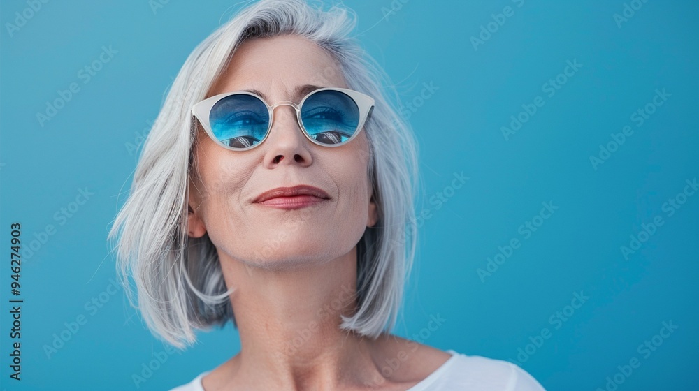 Confident mature woman with silver hair and stylish sunglasses smiles against vibrant blue background, embodying grace and modern elegance. Confident mature woman with silver hair and stylish sunglasses smiles against vibrant blue background, embodying grace and modern elegance.