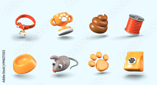 Collection of funny 3D elements for pets business. Detailed vector objects