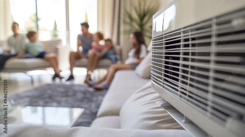 A family relaxing indoors with an air conditioning unit in focus. A family relaxing indoors with an air conditioning unit in focus.