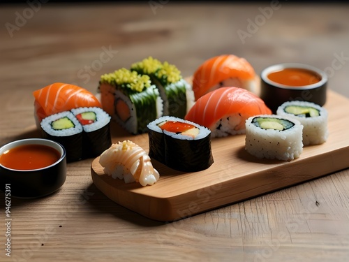 There are many sushi on a wooden board with a small bowl of sauce generative ai photo