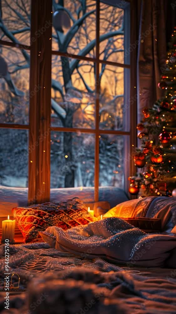 Cozy bedroom is filled with the warm glow of a christmas tree, creating a magical atmosphere as snow falls outside the window. Vertical video.