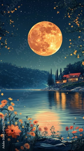 Enchanted Orange Moon Over Tranquil Lake with Charming Cottage