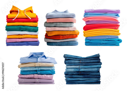Neatly folded, washed and ironed colorful clothes isolated on white background showing different types and colors. photo