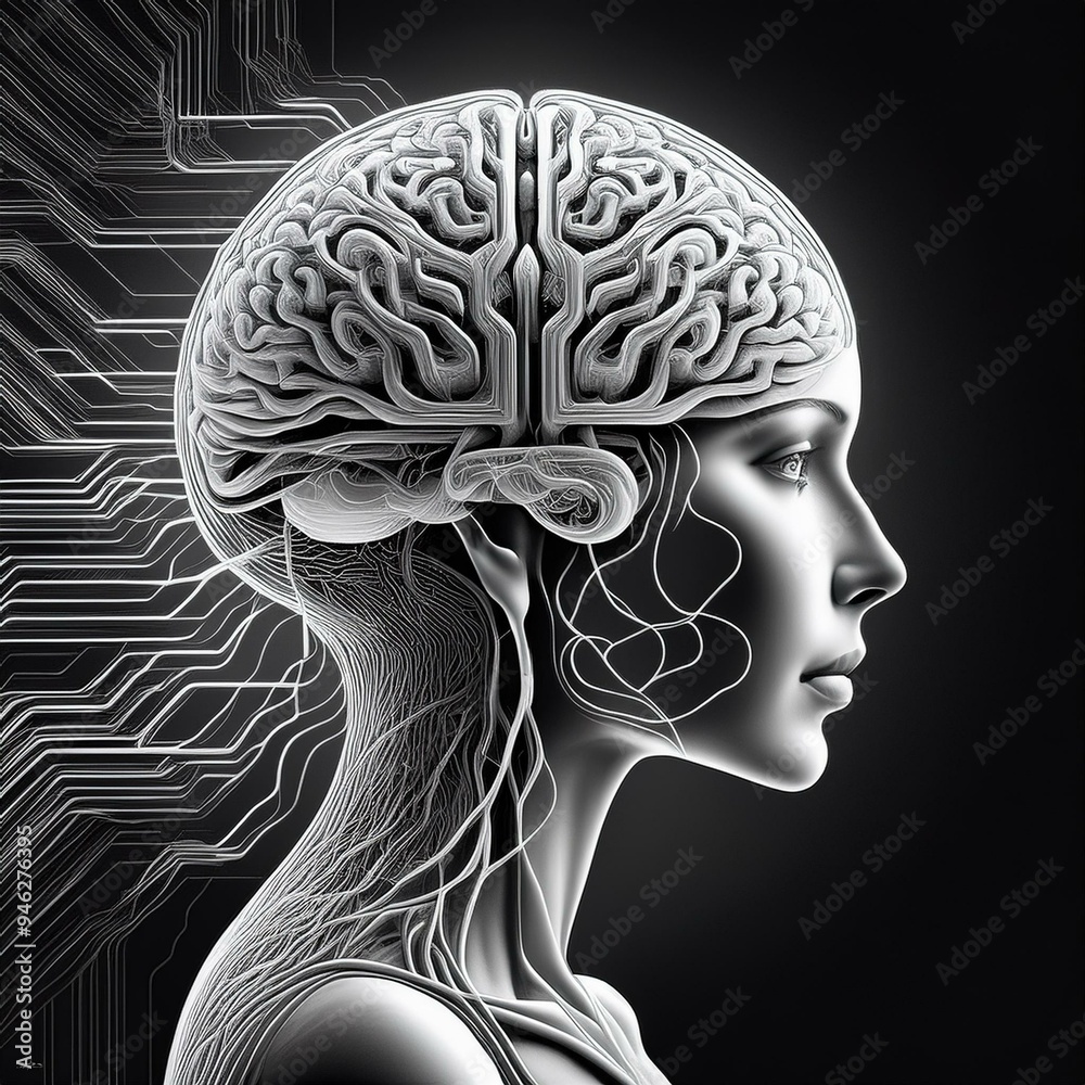 Obraz premium Digital illustration of human brain with neural pathways as circuits.