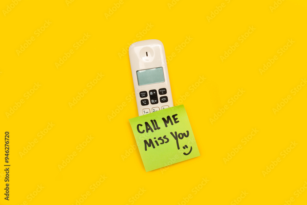 Nota adhesiva verde con texto escrito a mano Te extraño, llámame sobre un teléfono sobre un fondo amarillo aislado. Vista superior y de cerca. Copy space Nota adhesiva verde con texto escrito a mano Te extraño, llámame sobre un teléfono sobre un fondo amarillo aislado. Vista superior y de cerca. Copy space
