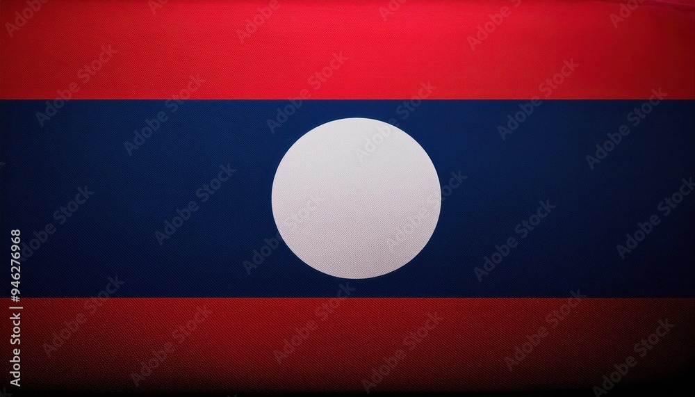 The national flag of Laos, featuring three horizontal red bands, a blue band, and a white circle in the center. The national flag of Laos, featuring three horizontal red bands, a blue band, and a white circle in the center.